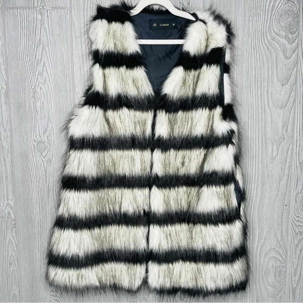 Ak glamour faux fur striped sleeveless vest striped black and white sz 38 / med - Image 4