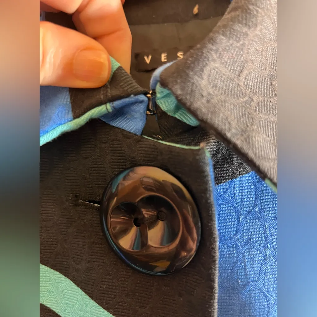 Vesti Multicolor Striped Trench Coat pockets button front black blues collar 8 - Image 14