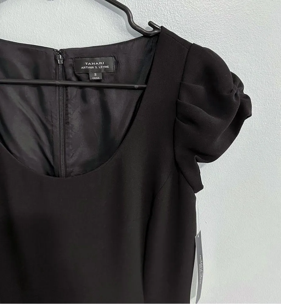 Tahari Size 2 Pleated Detail Puff Sleeves Black Juan Midi Dress NWT - Image 6