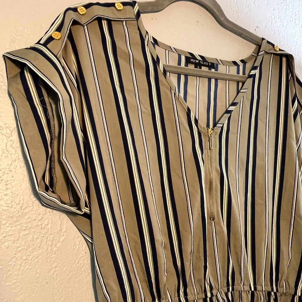 Faded Glory Tan and Brown Ruched Midi Sundress Striped 1/4 Zip V Neck SZ L - Image 7