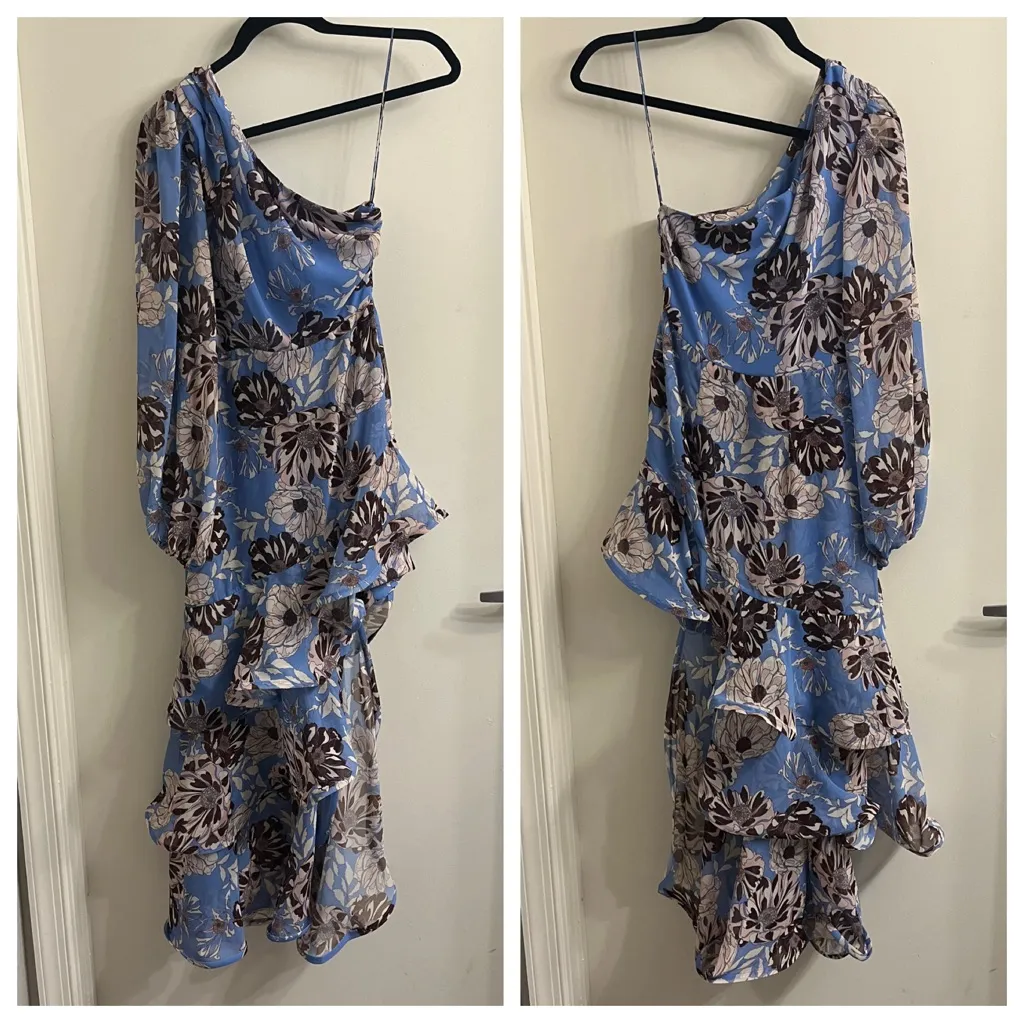 NWT Alexis Abanna Blue Ruffle Floral One Shoulder Asymmetrical Dress Size XS - Image 4