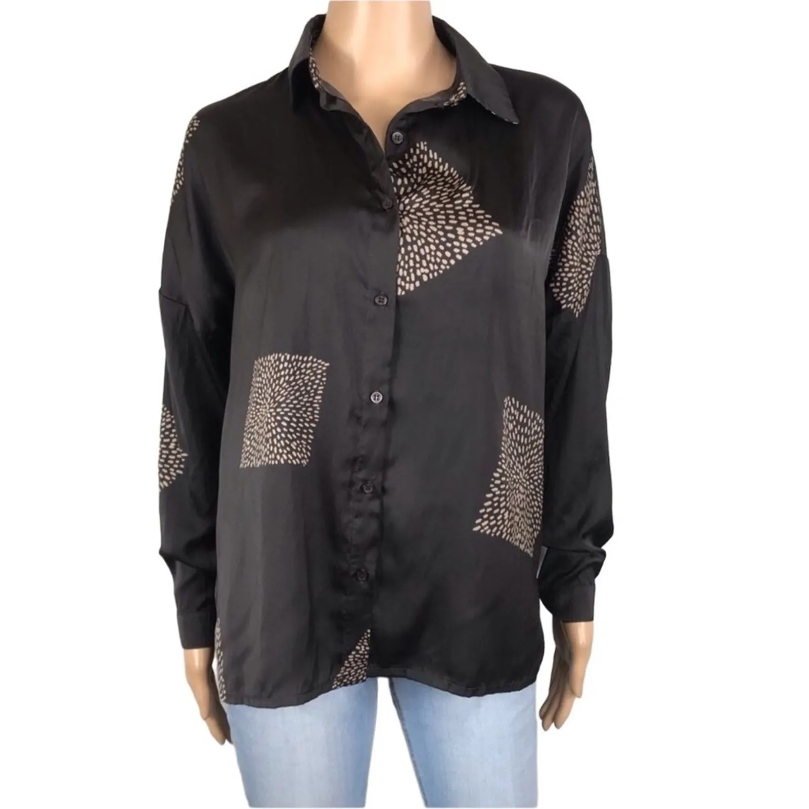 GRADE & GATHER Geo Satin Shirt Women S Black Oversized Office Boho Whimsygoth - Image 9