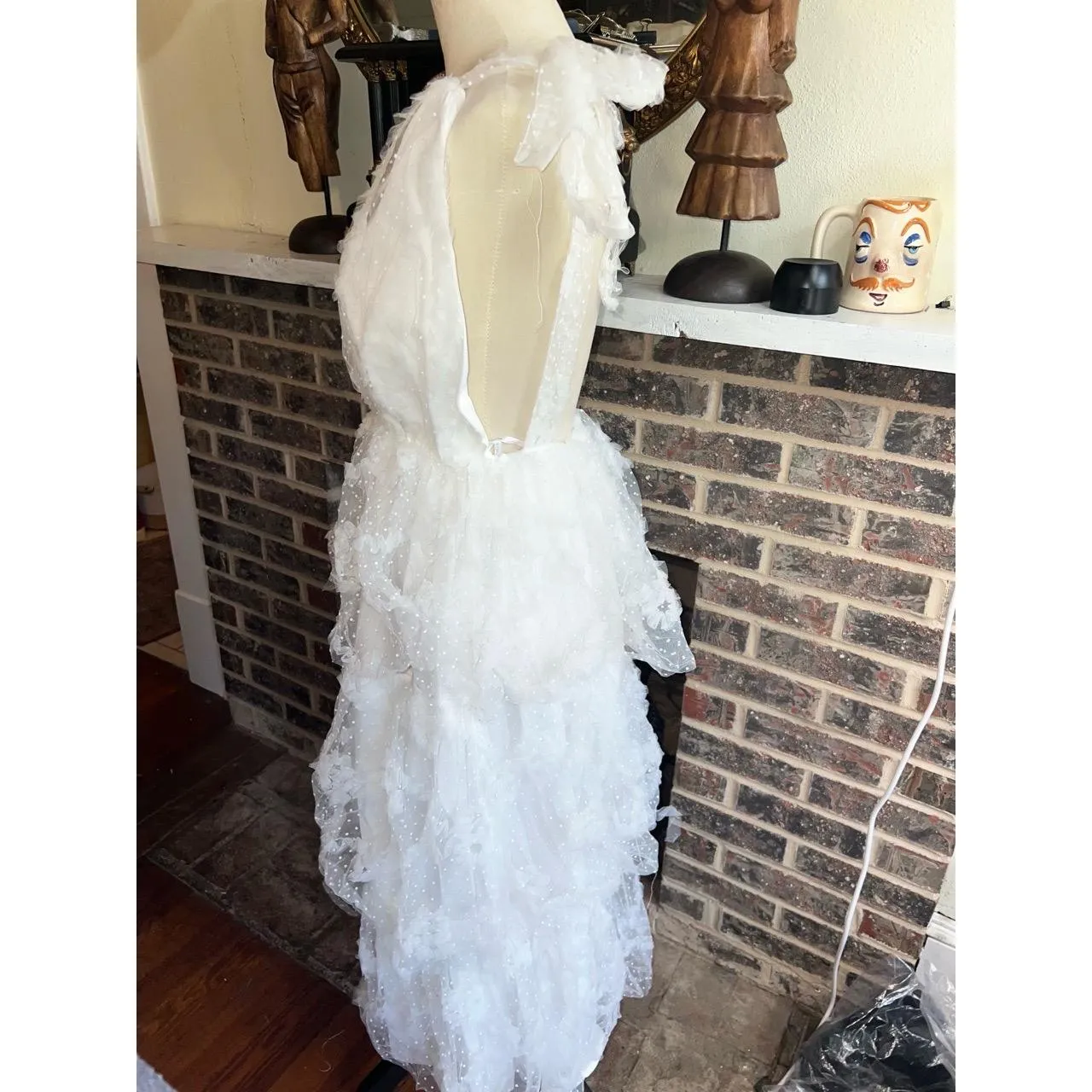 JUST ME Dress Size L White Ruffle Tiered V Neck Swiss Dot Midi Boho Open Back - Image 4