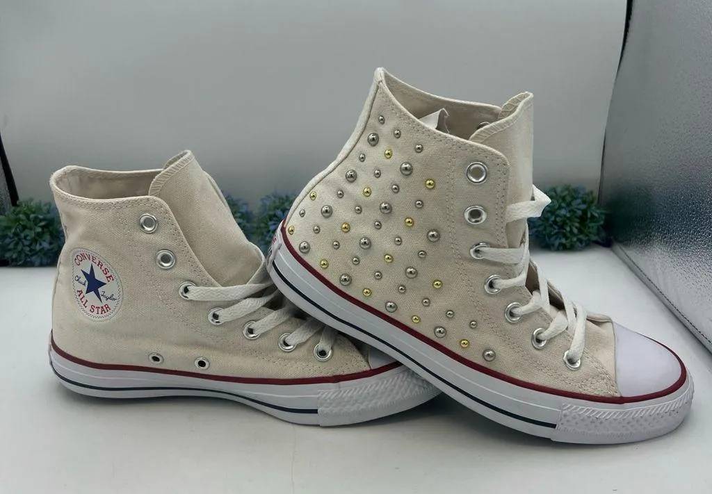 Converse Size 7 Women Chuck Taylor All Star Hi Top Sneaker Gold silver Studs - Image 3