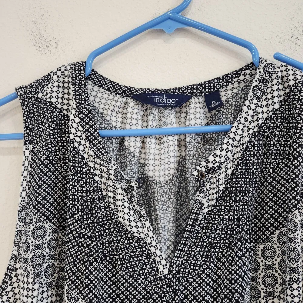 Great Northwest Indigo Sleeveless Floral Blouse Black White Flowy Size 1X - Image 3