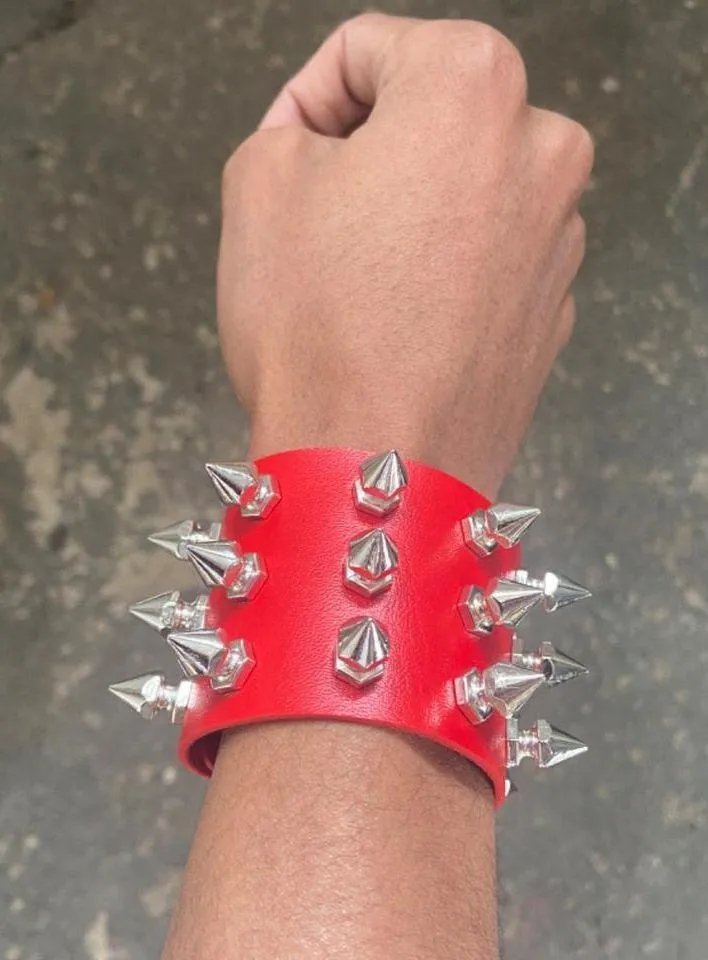 Gothic Studded Red Bracelet Choker Punk Spike Rivets Cuff Wristband Adjustable - Image 7