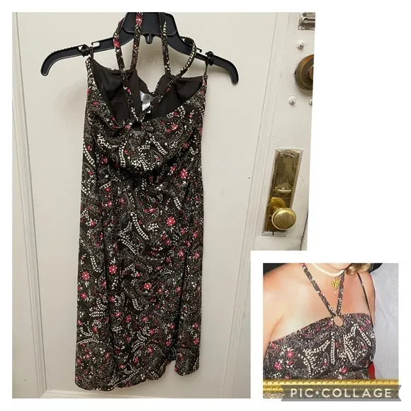 Halter Dress Vintage Y2K with Paisley Floral Print Brown Red Cream - Image 2