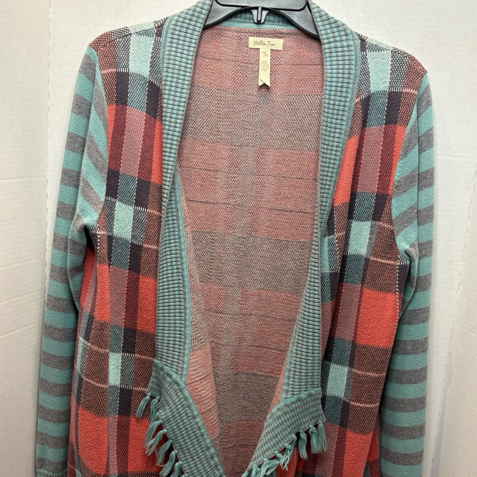 Matilda Jane Cardigan Sweater Steadfast Orange Teal Plaid Women’s Size Medium - Image 2