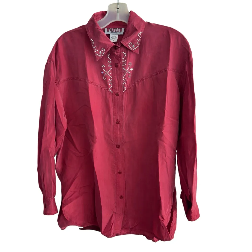 Wanted by Beads Beautiful Vintage Silk Western Shirt Studded Red Cowgirl Small* - Image 4
