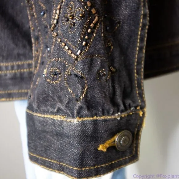 Laura Ashley brown beaded embroidered button up‎ jean jacket, size M - Image 11