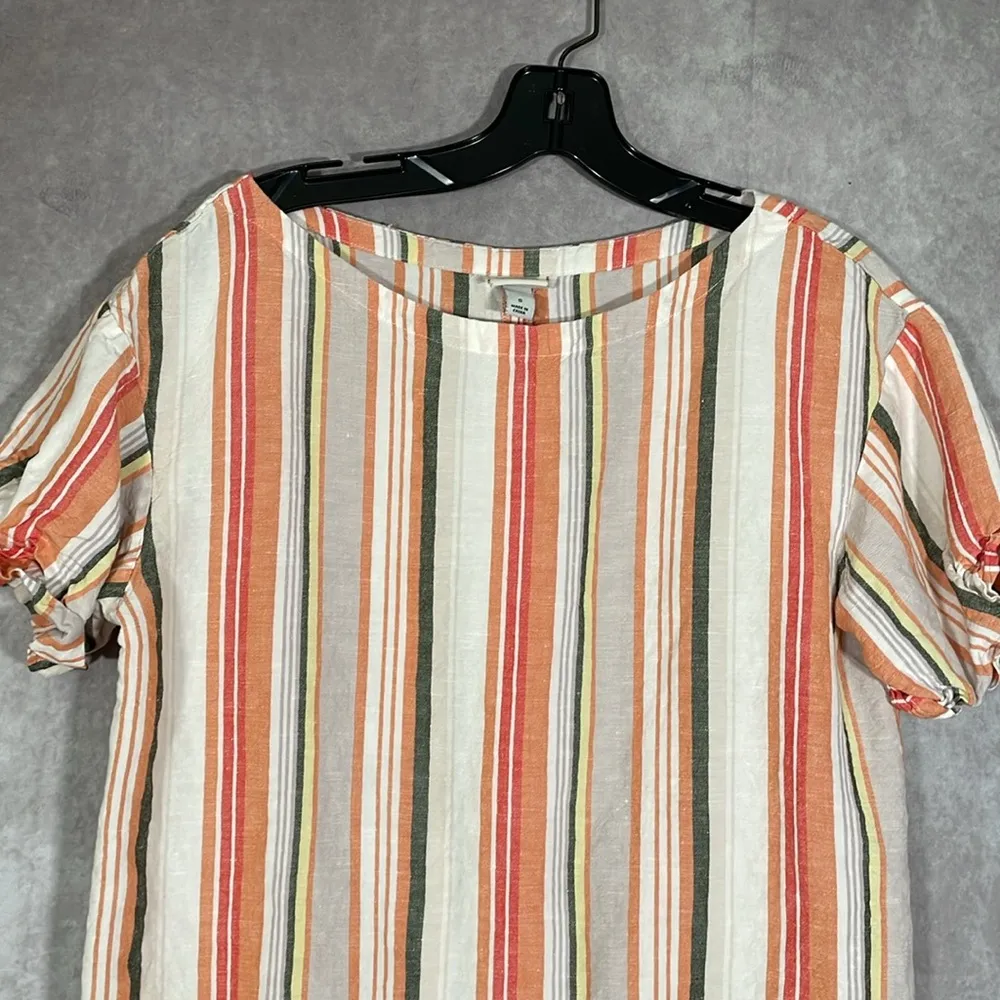 a. new. day Neutral Orange Vertical Stripped Short Sleeve Linen Shirt | Small - Image 4