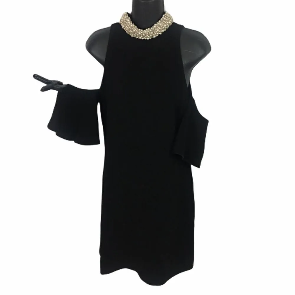 Rachel Zoe Black Cold Shoulder Pearl Choker Black Dress - Image 5
