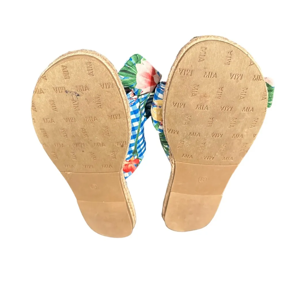 MIA BOW BLUE FLORAL GINGHAM ESPADRILLES SANDAL SLIDES 8 - Image 5
