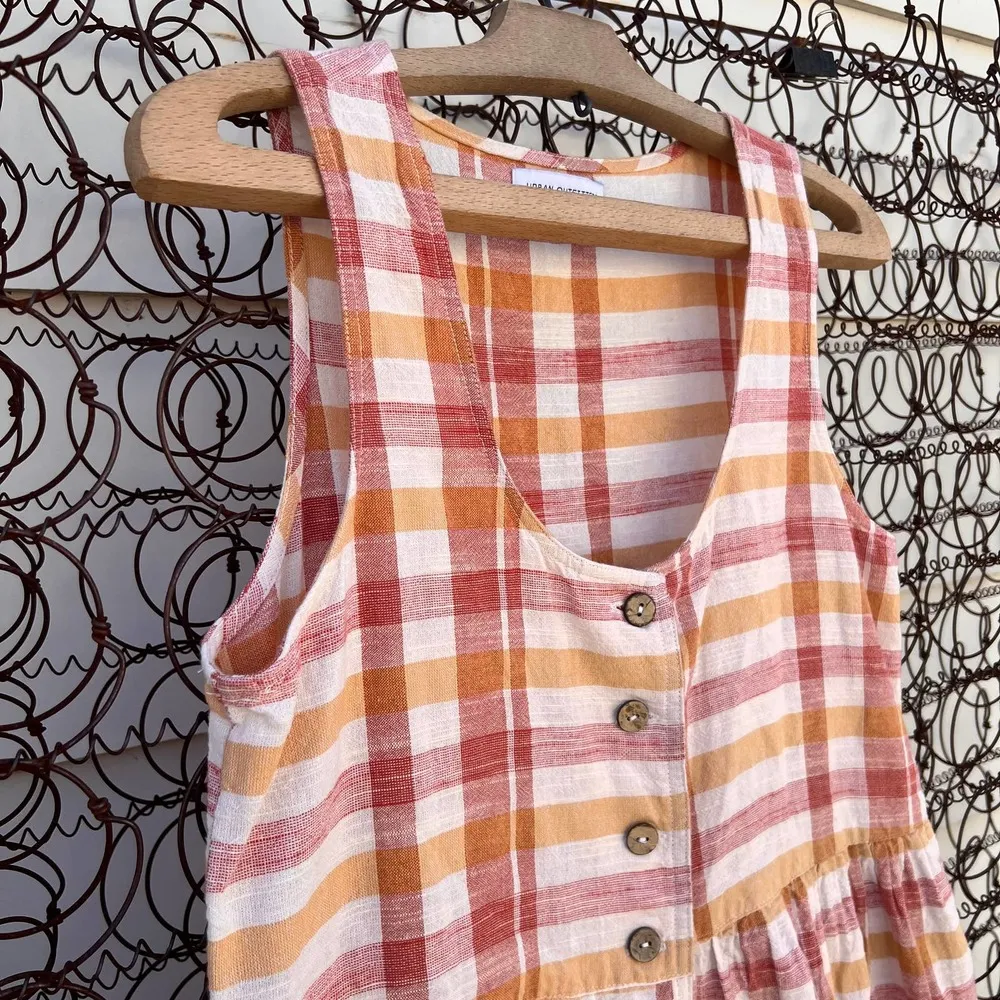 Urban Outfitters Liz peach red plaid button front sleeveless scoop neck dress - Image 2