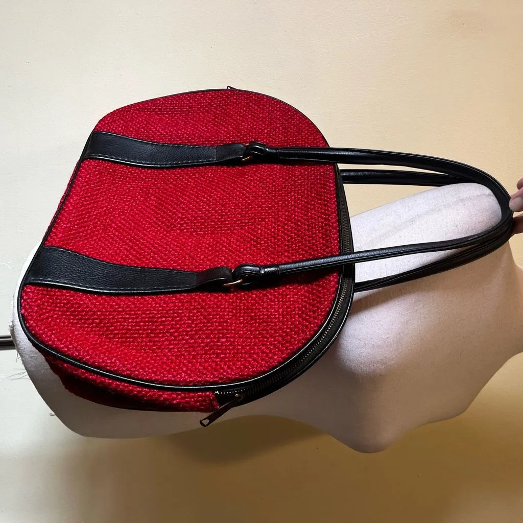 Vintage 70s Red Tweed Structured Mod Handbag Black Vinyl Trim Brass‎ Zipper - Image 8