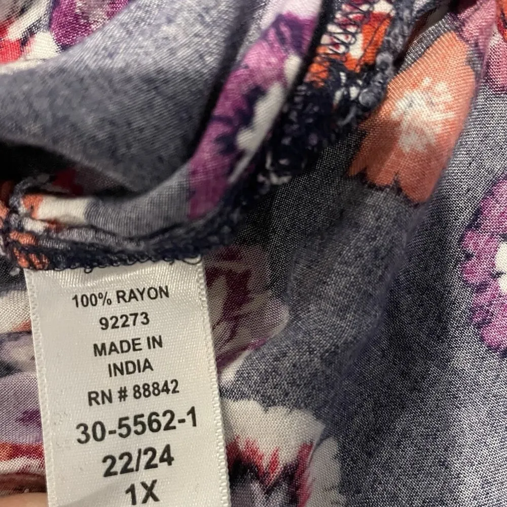 WOMAN WITHIN Shirt Womens Sz 1X Plus Button Up Floral Navy Blue Red Blouse Rayon - Image 4