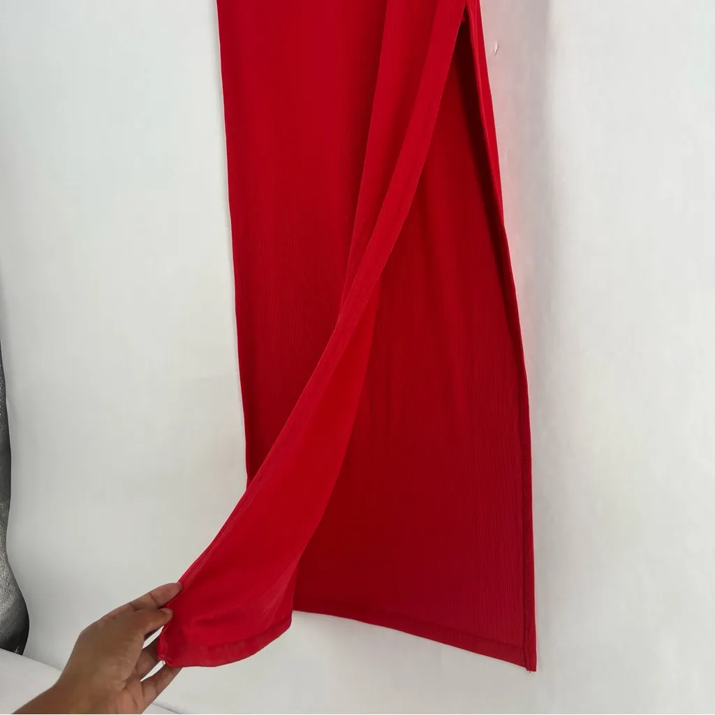 Haute Monde‎ Red Stretch Ribbed Jersey Knit Side Slit Bodycon Scoop Maxi Dress S - Image 6