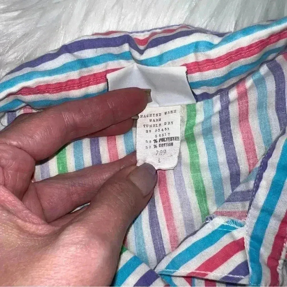 Vintage Avon Fashions Pullover Short Sleeve Button Down Pastel Rainbow Stripe L Pink Size L - Image 5