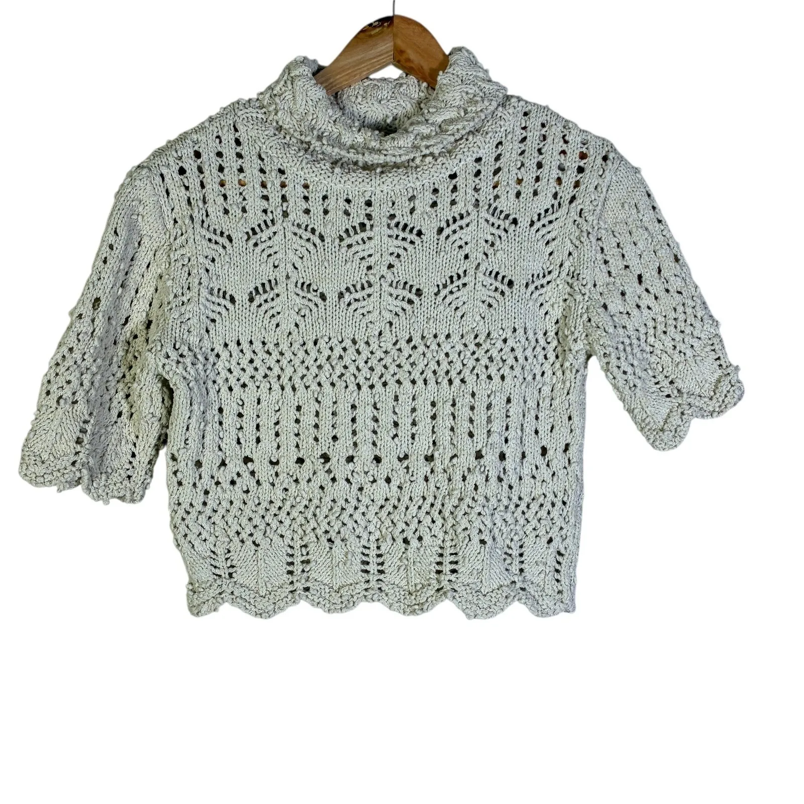 Zara Crochet Knit Short Sleeve Sweater Womens M Cream Boho Cottagecore Fairy - Image 2