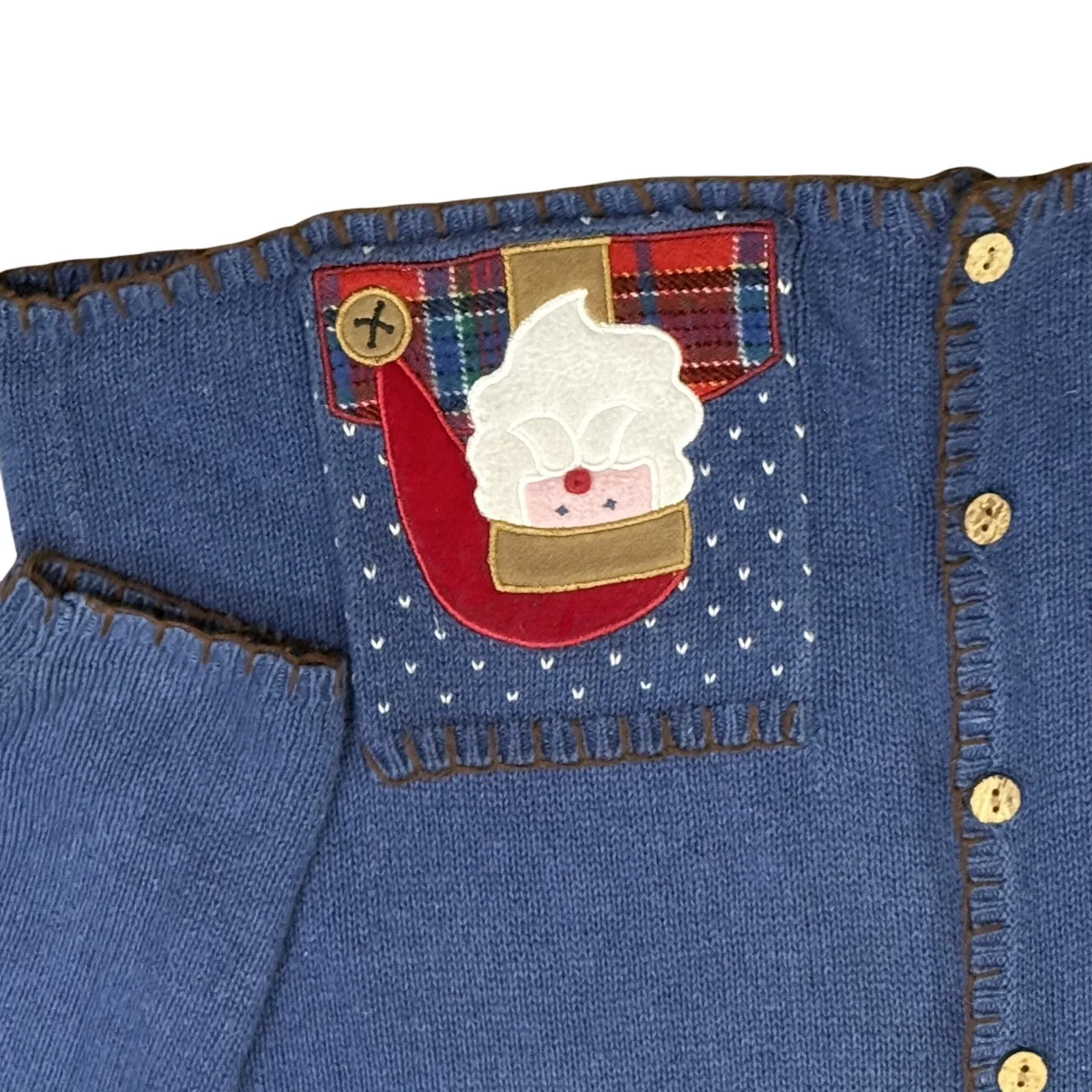 Timberlea Christmas Cardigan Sweater Reindeer Santa Plaid Collar Medium Blue - Image 3