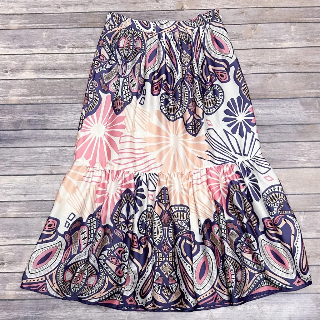 BASH BA&SH Janel Pink Purple Boho Print Lightweight Pleated Satin Midi Skirt - Image 9