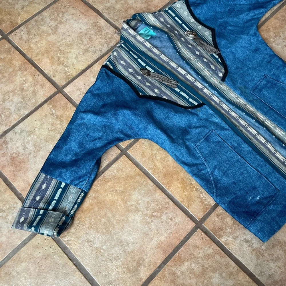 MARY REYNOLDS DESIGN M/L Blue Textured Denim Western Open Duster Tassel Jacket - Image 3