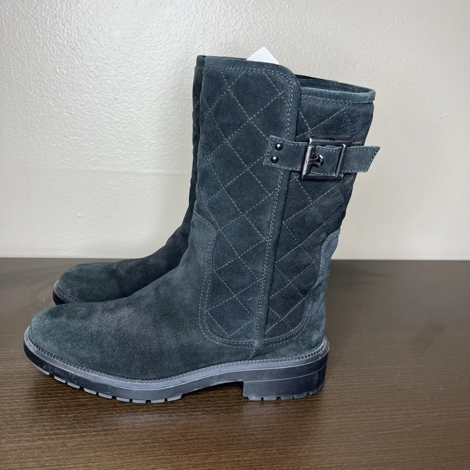 aquatalia boots 7.5 Quilted Black Buckle Minimalist Heeled Mid Calf Suede Riding - Image 4