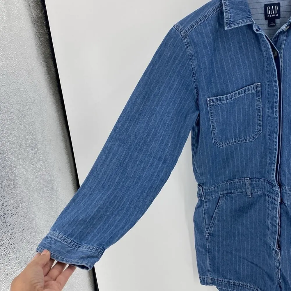 GAP denim utility romper long sleeve pockets pin stripes casual festival size 4 - Image 6