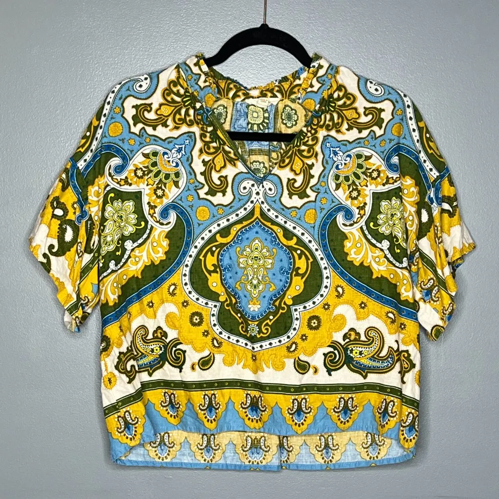 Haute Hippie Style Linen Blend Boho Paisley Patchwork Print Top Green Blue M - Image 2