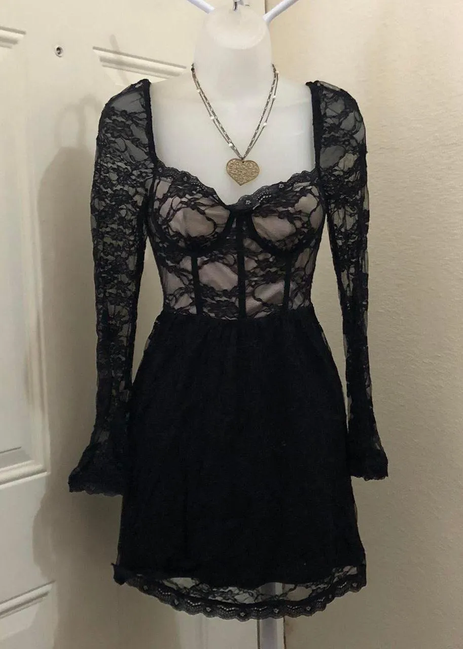 Gothic Whimsygoth Black lace mesh sweetheart neckline bustier corset mini flare babydoll coquette party cocktail formal dress - Image 3