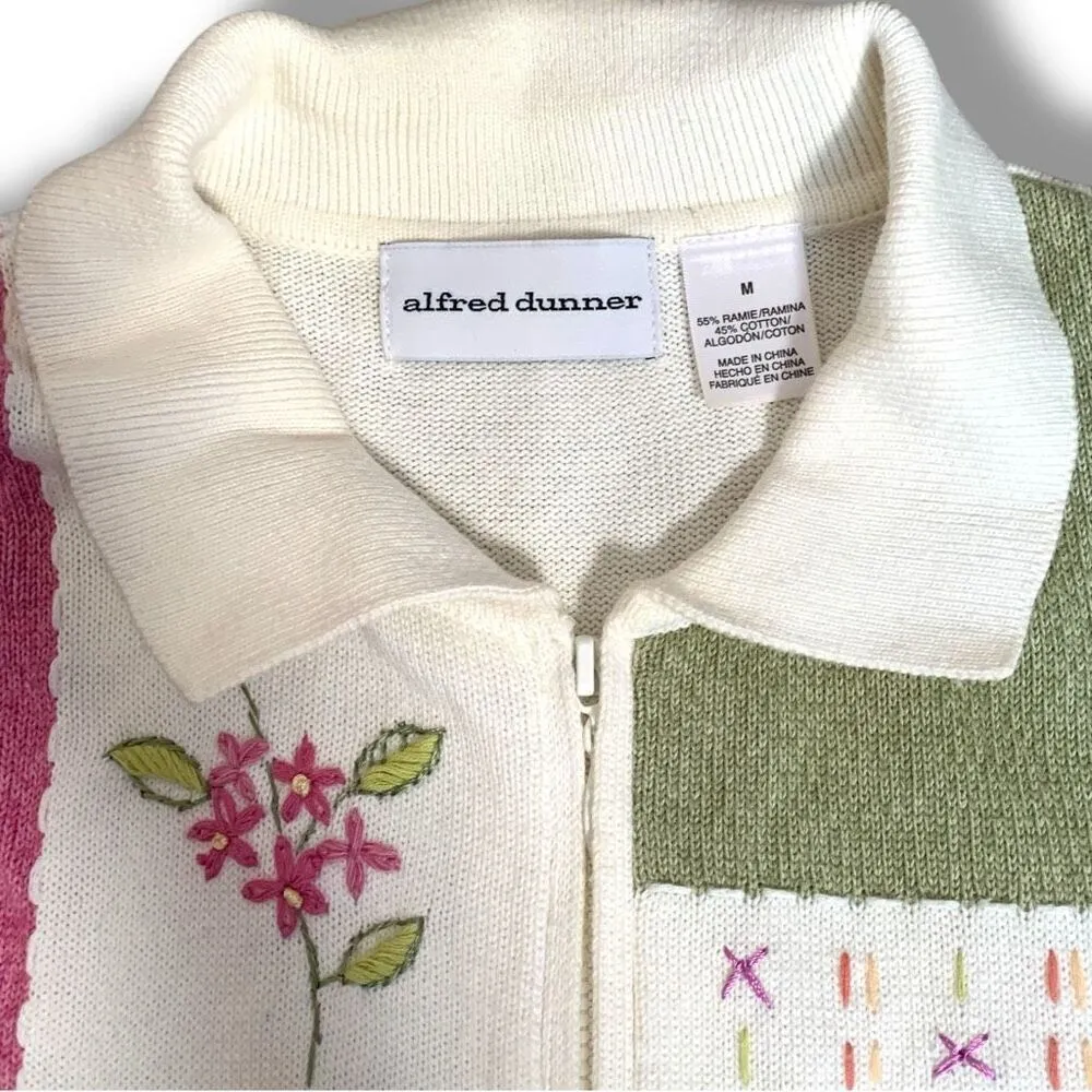 Vintage 90s Embroidered Cardigan Oatmeal Patchwork Light Pink Floral Knit Zipper Size M - Image 8