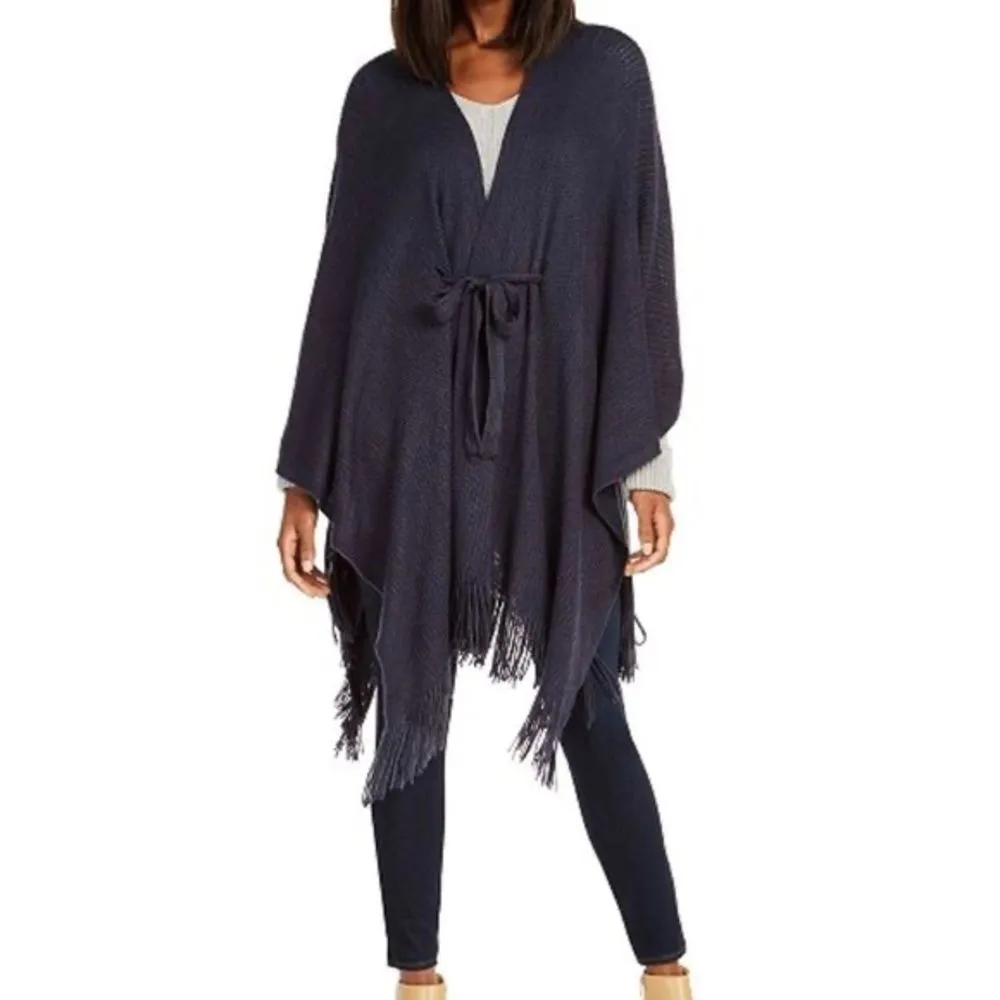 LAST ONE! Marled Grey Ruana Knit Belted Fringed Wrap Cardigan OSFM NWT Gray Size 0X - Image 11