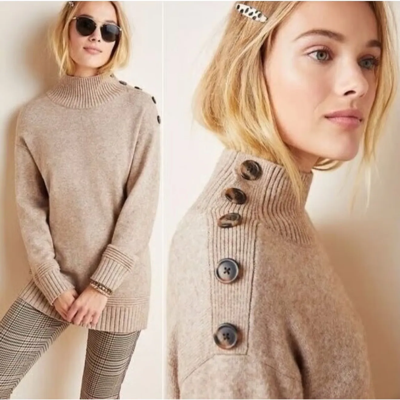 ANTHROPOLOGIE | Tan Oatmeal Mock Neck Margarita Tunic Sweater Long | Size XL - Image 2