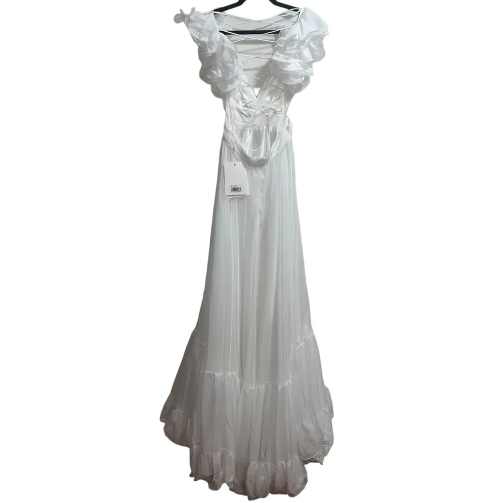 NEW NWT  Ruffle Tiered Cut Out Chiffon Gown White - Image 7
