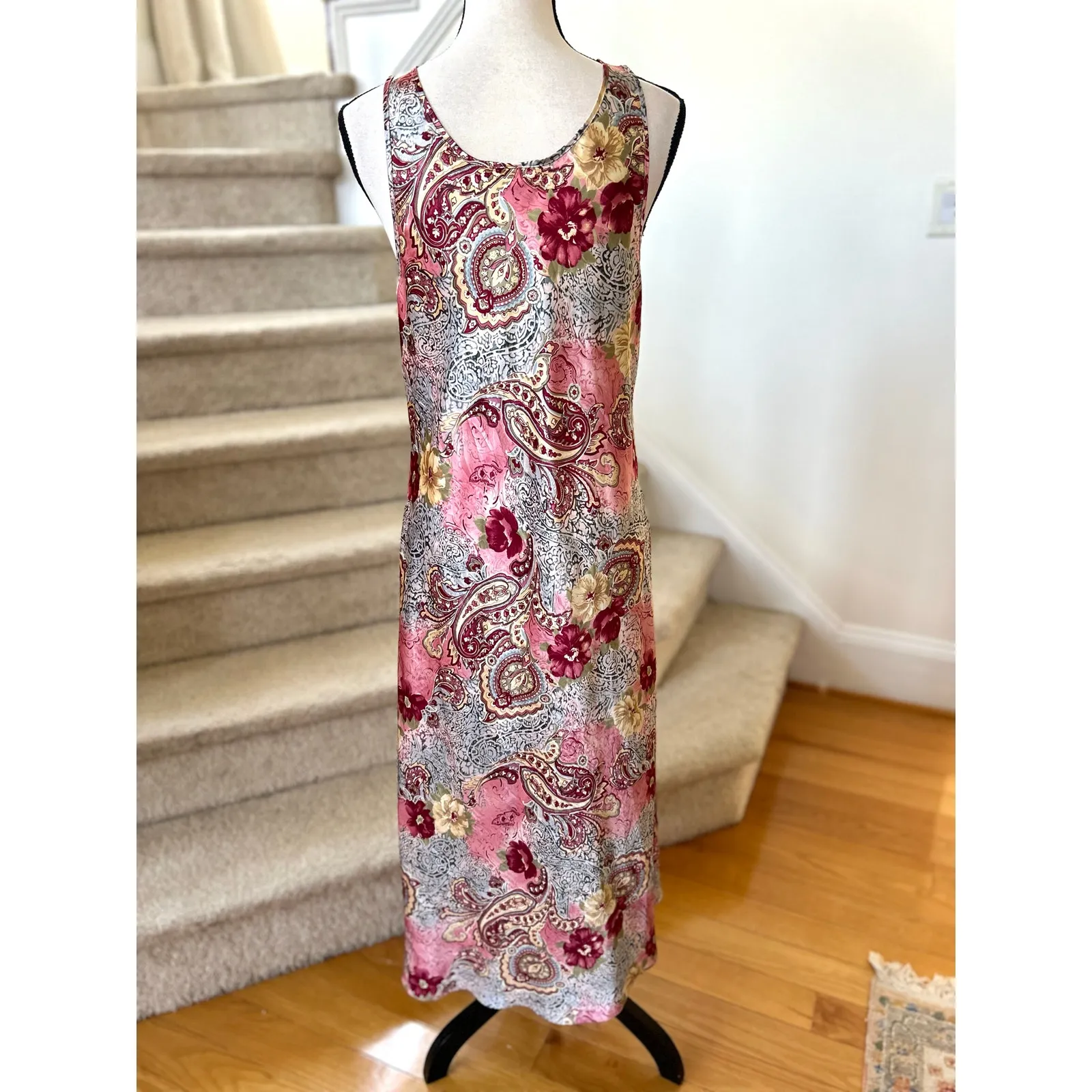 Vintage Y2K 90s Red & Pink Floral Satin Sleeveless Babydoll Slip Dress - Image 3