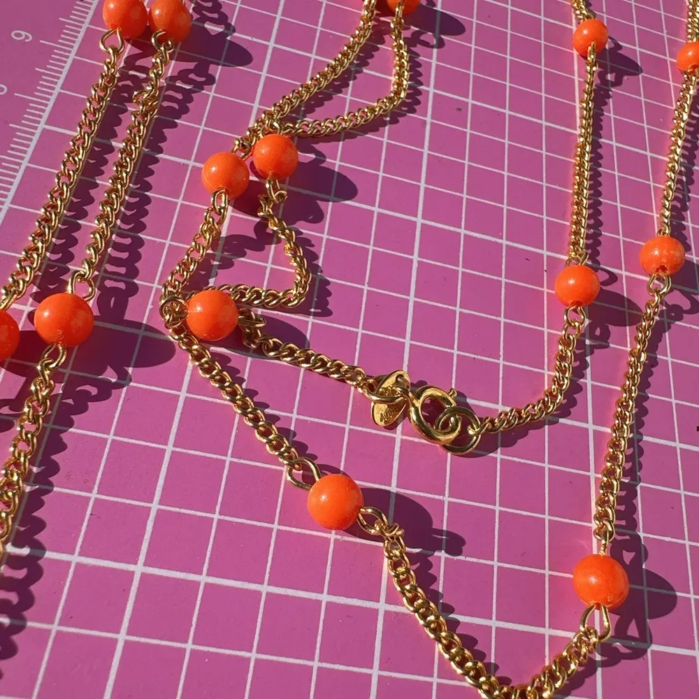 Nine West 2pc set necklace + earring comfortable clip on orange beads gold chain - Image 8
