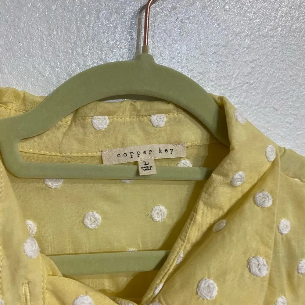 Copper Key  Yellow Sheer Polka Dot Button Down Blouse Sz L - Image 5