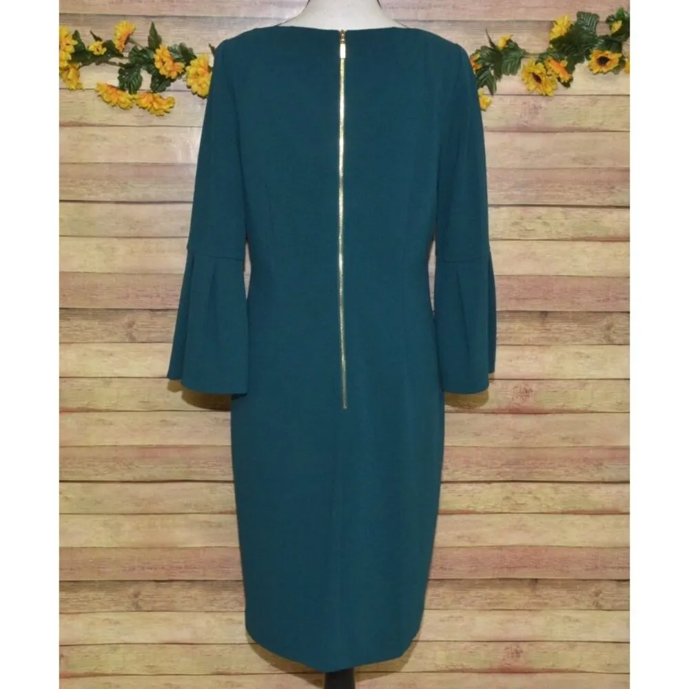 Eliza J Ladies 10 Green Sheath Midi Dress Bell Sleeves Stretch Career Night Out - Image 6