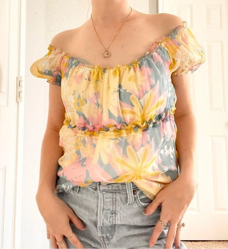 Vintage 100% Silk Floral Blouse Yellow - Image 5