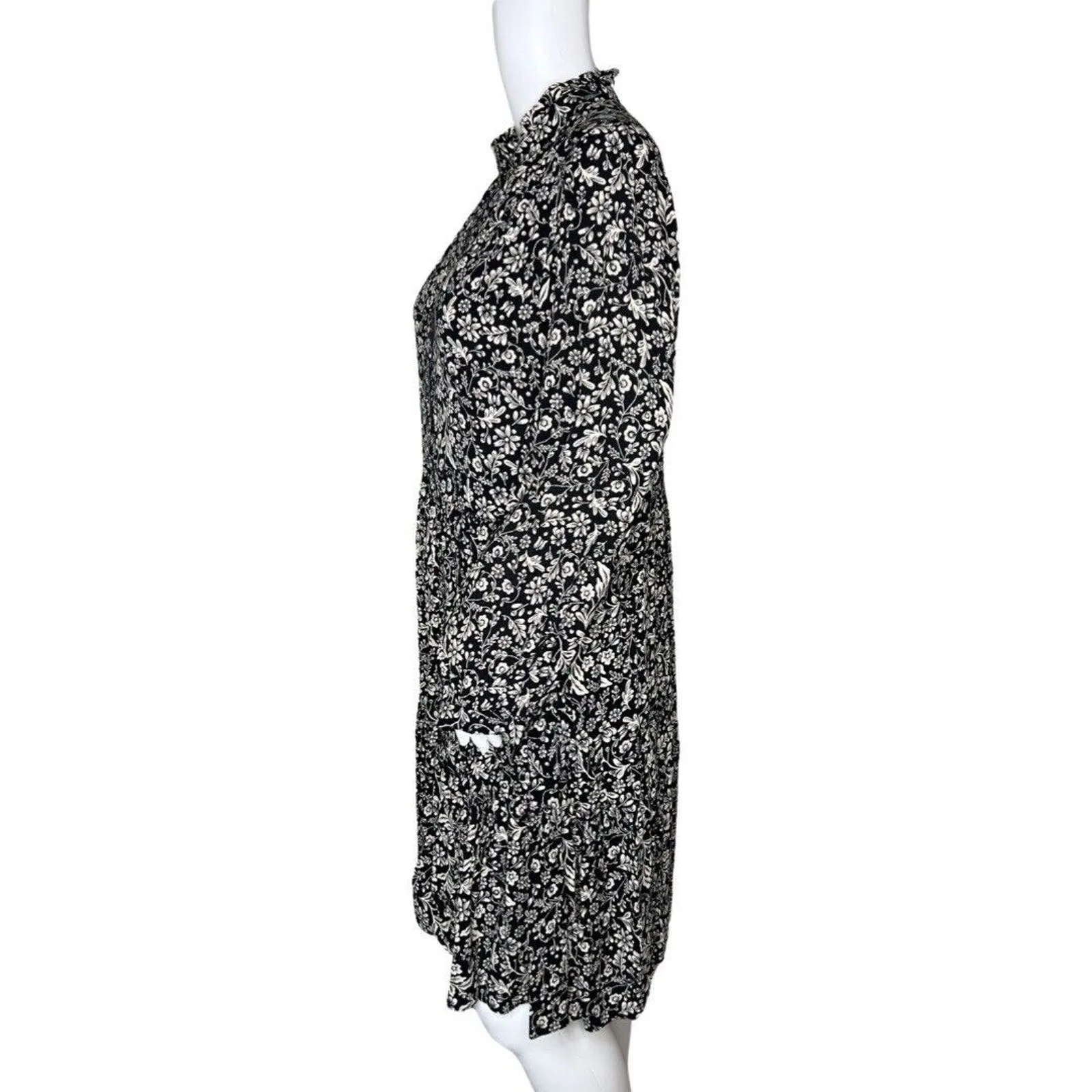 J Crew Dress Women Medium Black White Floral Flower Bohemian Bloomcore Peasant‎ - Image 3