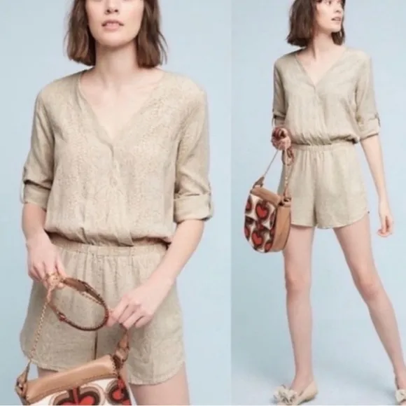 Anthropologie Cloth & Stone Beige Snake Print Tencel Linen Romper Size XL - Image 2