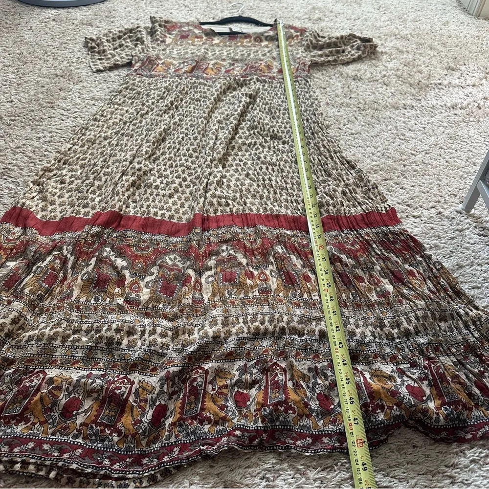 Vintage 70s Indian Cotton Gauze Maxi Dress Block Egyptian Print Hippy Boho Sz M Size M - Image 7