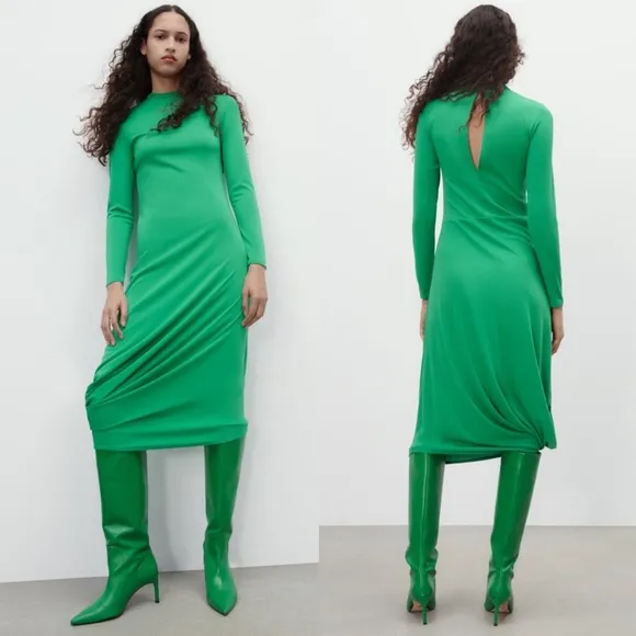 Zara Long Sleeve FLOWY DRAPED DRESS HIGH COLLAR Pleat Detail Asymmetric Hem NEW - Image 2