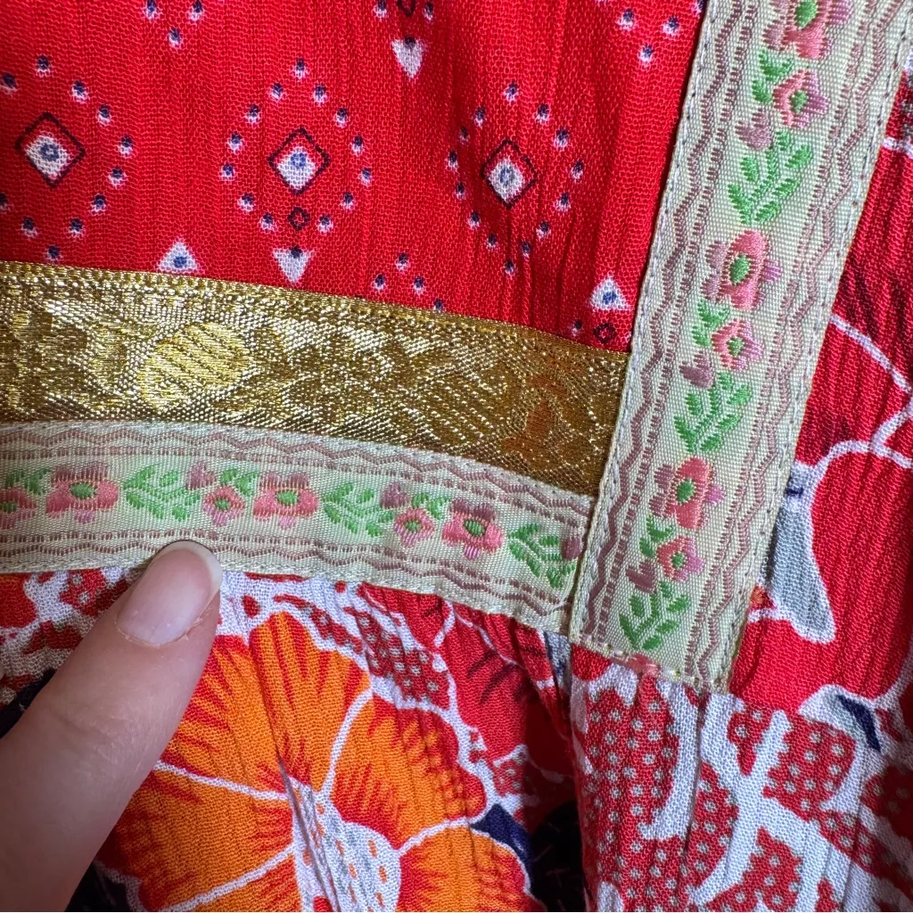 Cynthia Rowley Red Gold Floral Boho Blouse Womens 1X Fall Peasant Flowy Shirt - Image 8