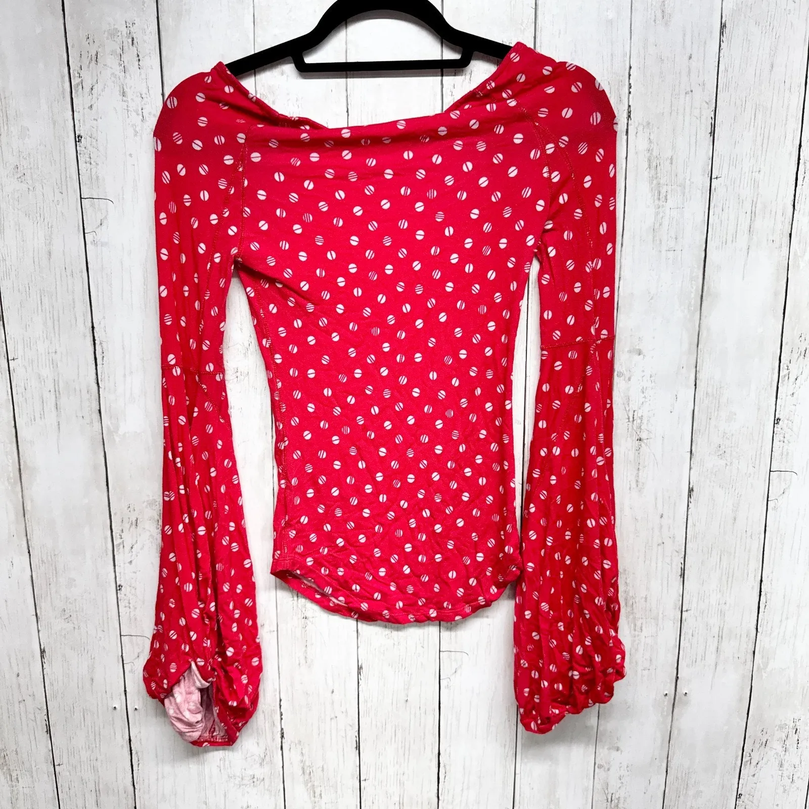 We The Free Top Women Size XS Red Dot Print Boat Neck Puffed Long Sleeve Blouse - Image 3