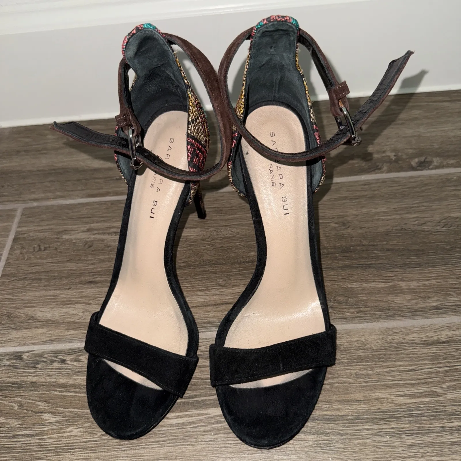 Barbara Bui black suede heels with a patterned Back Heel, Brown ankle strap 38.5 Size 8.5 - Image 4