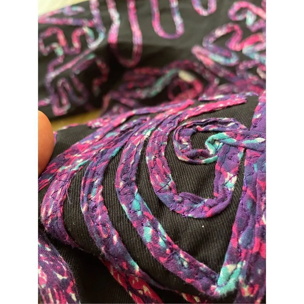 Choices Ruffle Casual Blazer Jacket MEDIUM 100% Cotton Black Purple Teal Fringe - Image 4