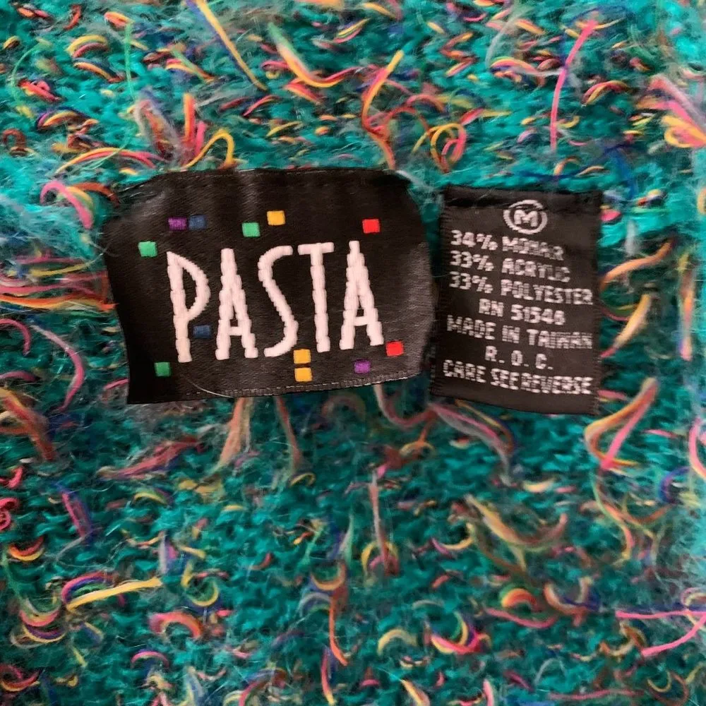 Vintage 80s Pasta Eyelash Knit Sweater M Green Mohair V Neck Shoulder Pads Size M - Image 6