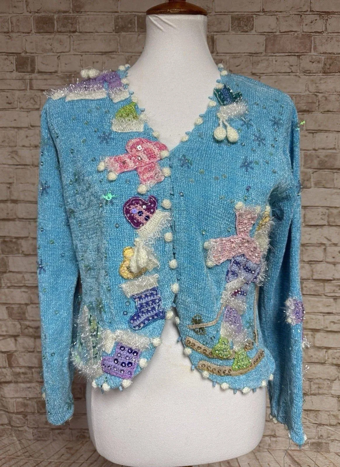 Design Options Blue Cardigan Sequins Mittens Christmas Sweater Stocking Small - Image 1