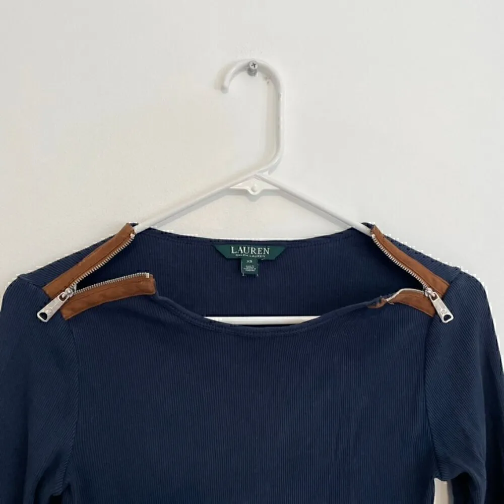 LAUREN RALPH LAUREN LRL Gacy Zip Shoulder Crew Navy Blue Long Sleeve Cotton Top - Image 6